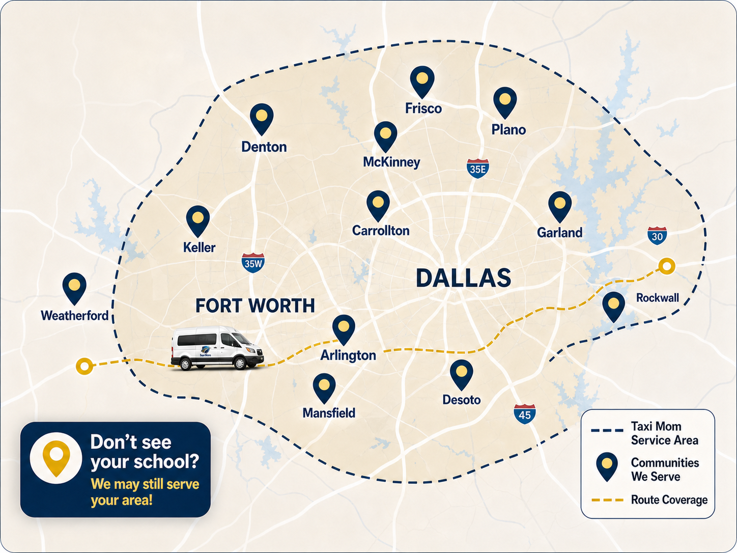 Map of Taxi Mom North Texas communities