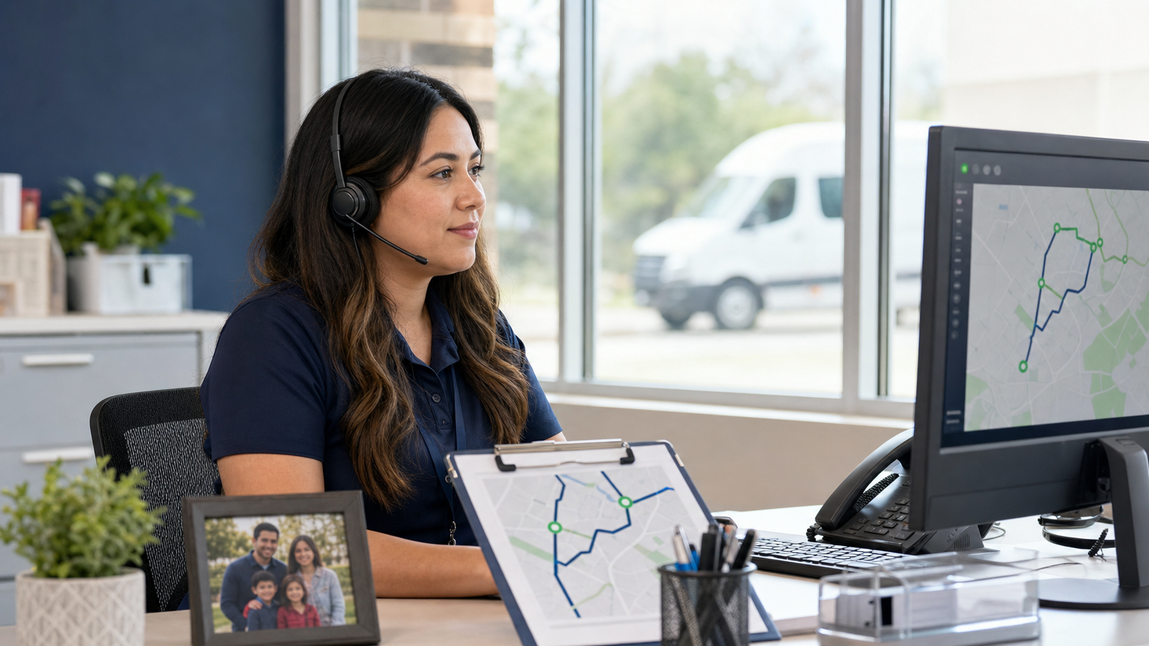 Transportation support coordinator assisting a family from the operations desk