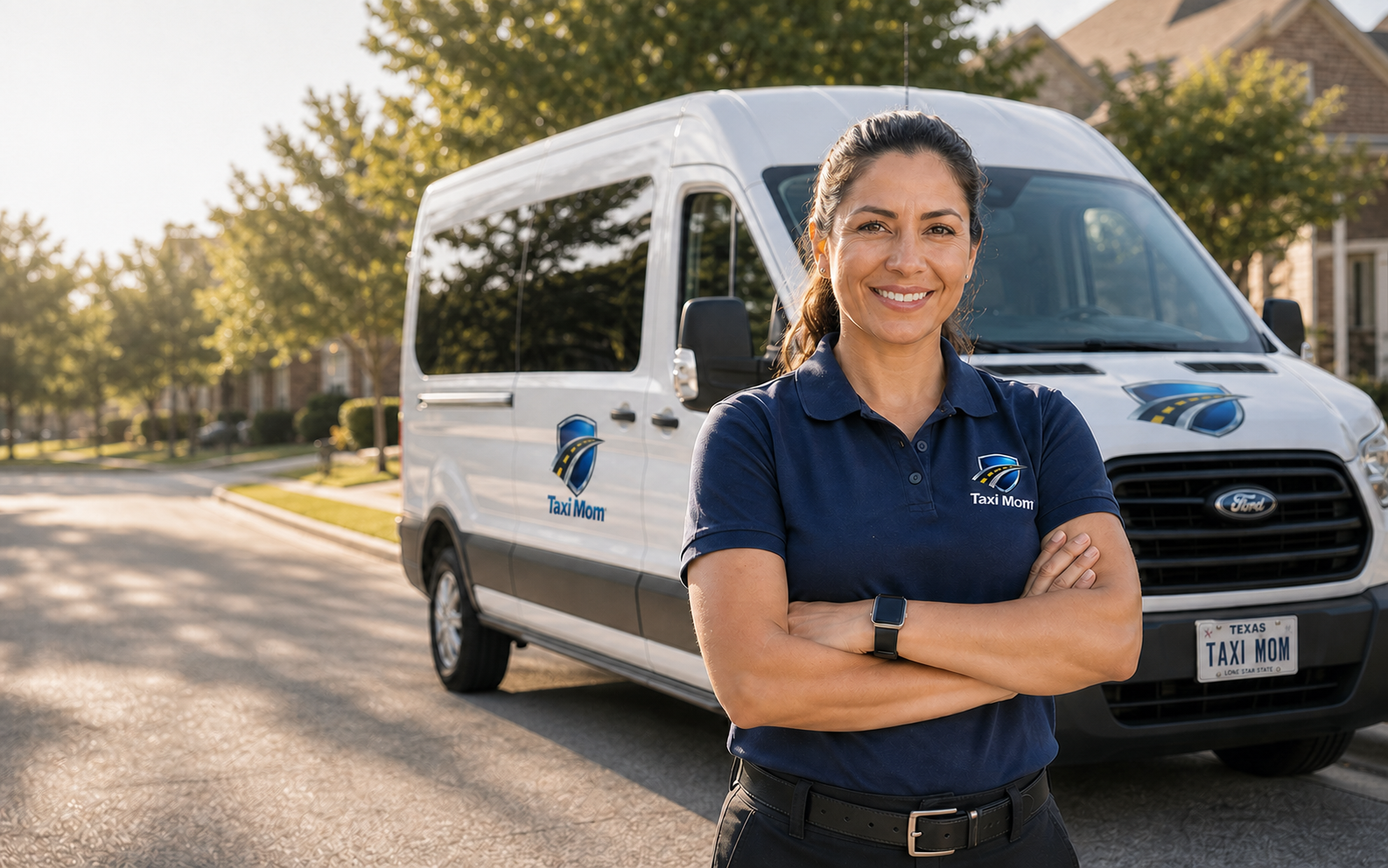 Taxi Mom driver standing confidently in front of a company van