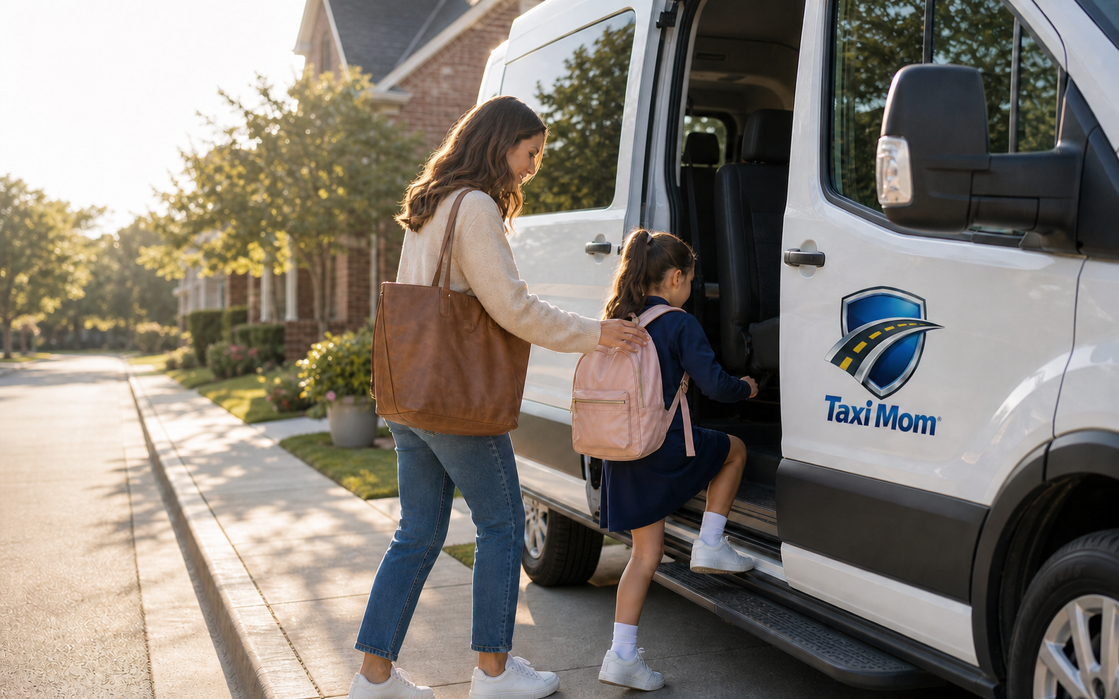 Parent helping a student board a Taxi Mom van
