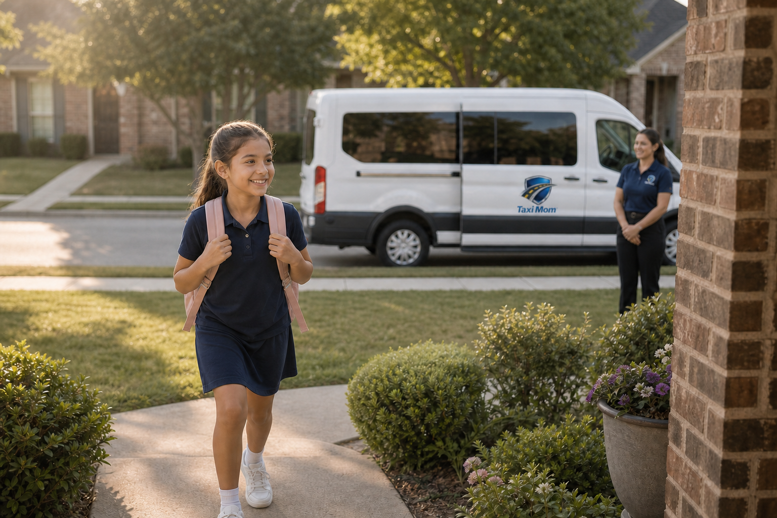 Driver helping a student safely enter a Taxi Mom van