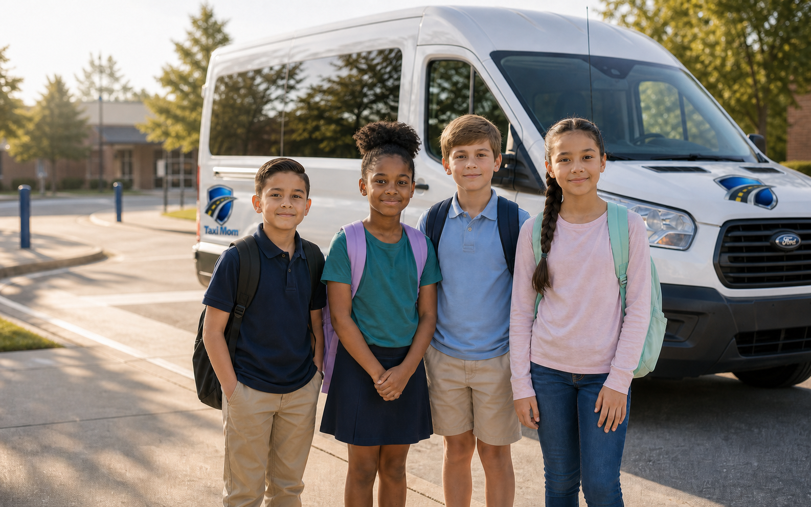 Four students with backpacks standing in front of a Taxi Mom van