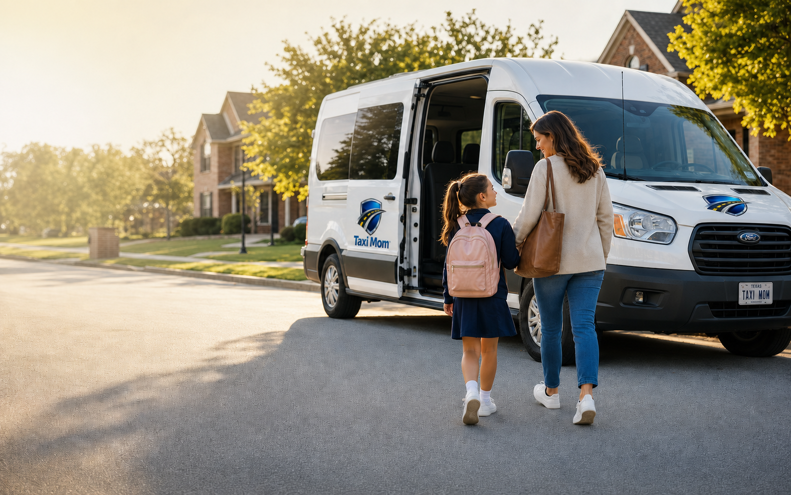 Mother and daughter walking toward a Taxi Mom van