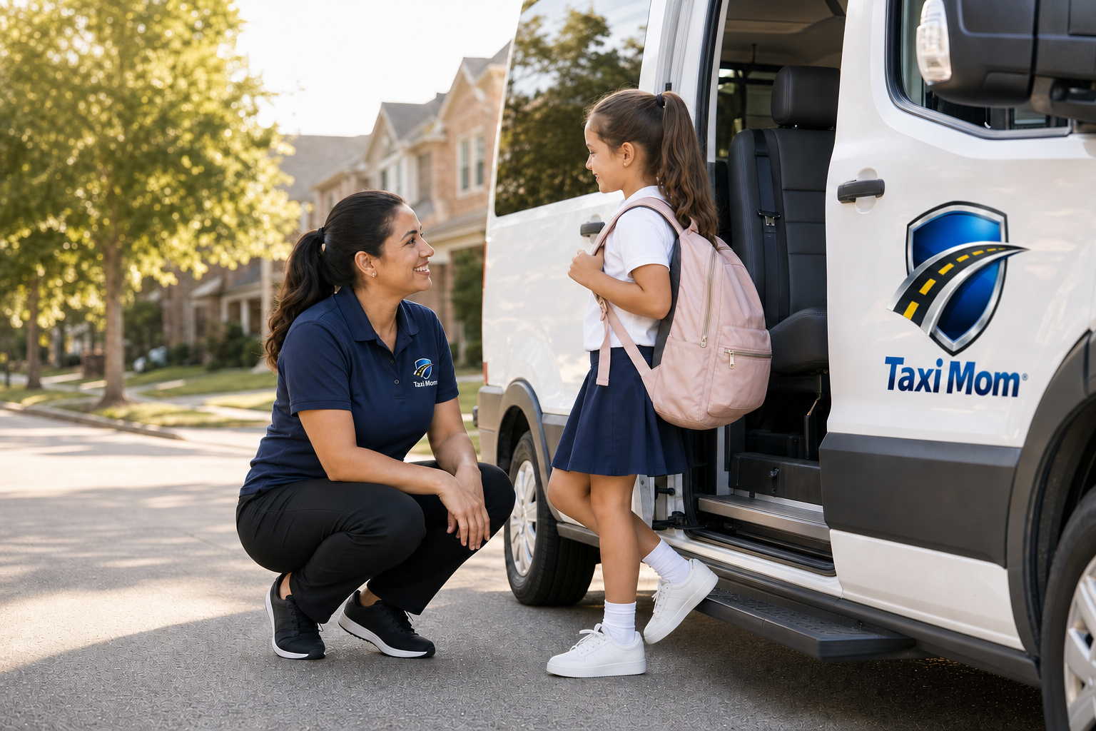 Student meeting a Taxi Mom driver beside a company van