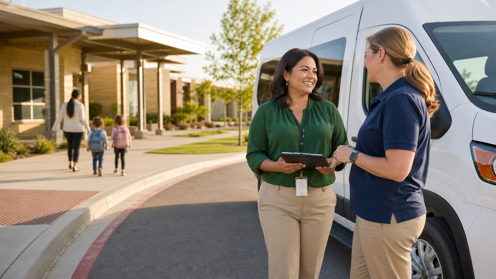 School administrator and transportation coordinator planning beside a passenger van
